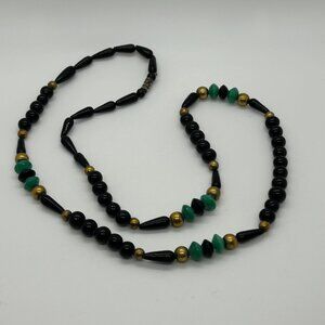 Vintage Glass Beaded Necklace Black Green Brass Accents Statement Long Art Deco